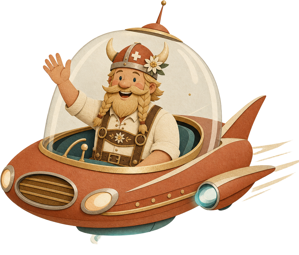 Mads as a Viking driving a flying car